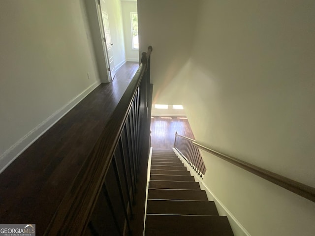 stairway with hardwood / wood-style flooring