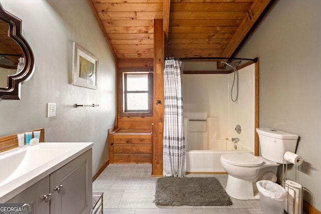 full bathroom with vaulted ceiling, wooden ceiling, toilet, and shower / tub combo with curtain