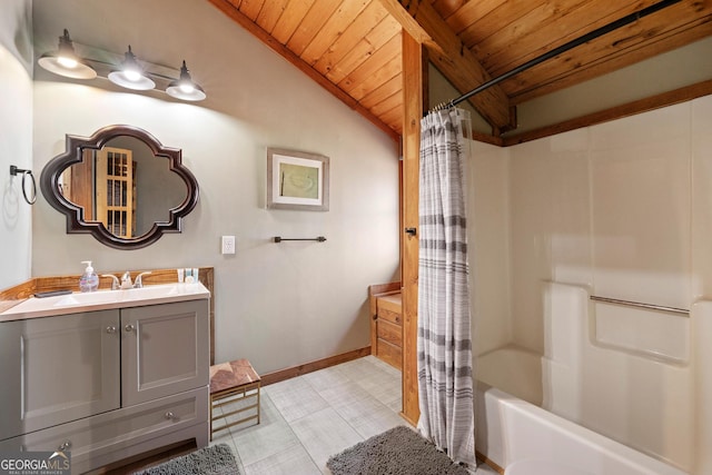 bathroom with vanity, wood ceiling, shower / bath combo, and vaulted ceiling with beams