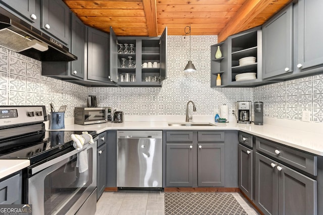 kitchen featuring pendant lighting, stainless steel appliances, decorative backsplash, sink, and wooden ceiling