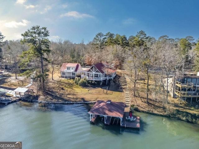 aerial view featuring a water view