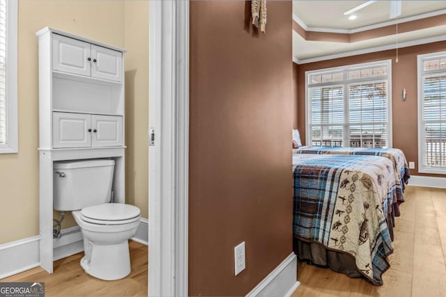 interior space featuring ornamental molding and light wood-type flooring