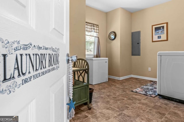 laundry room with electric panel and washer / clothes dryer