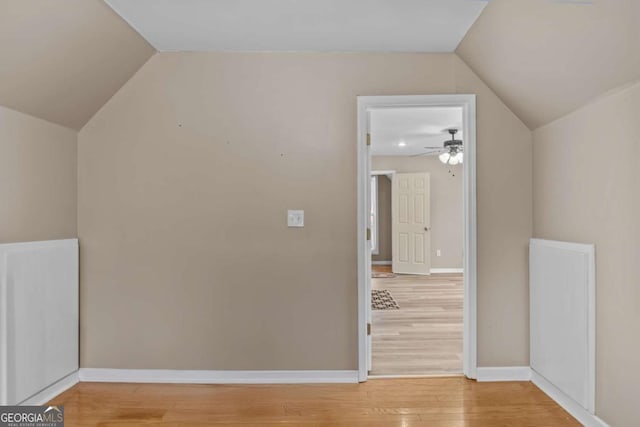 bonus room featuring ceiling fan, lofted ceiling, and light hardwood / wood-style flooring