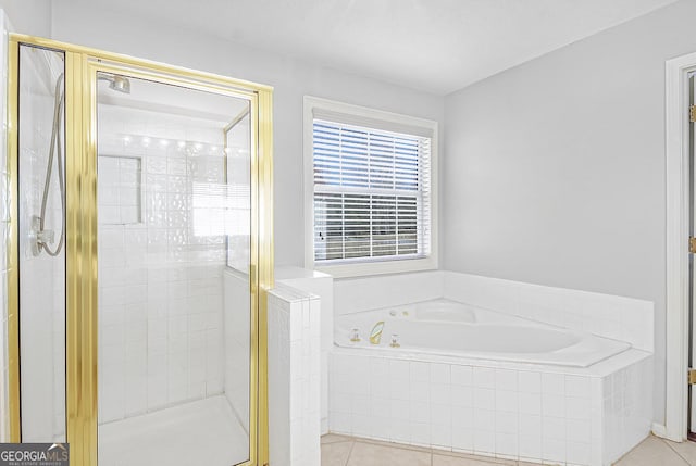 bathroom with tile patterned flooring and plus walk in shower