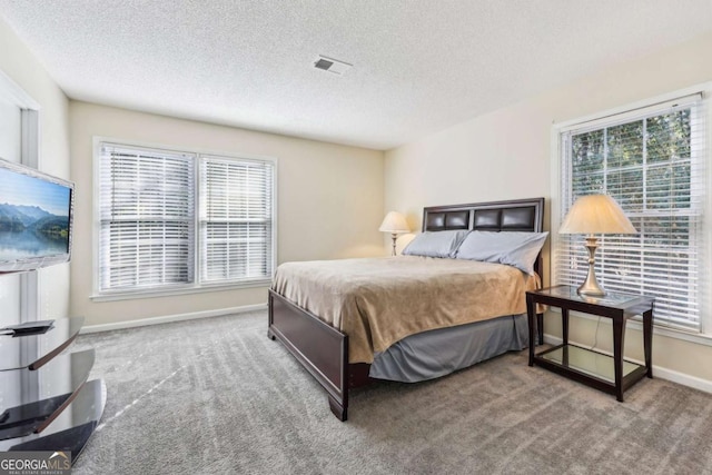 bedroom featuring carpet and a textured ceiling