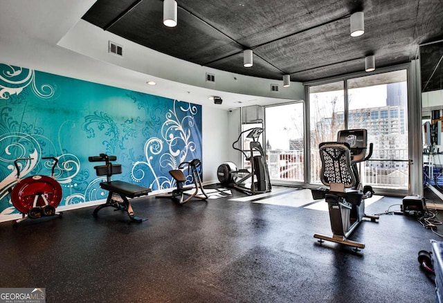 workout area with expansive windows and a healthy amount of sunlight