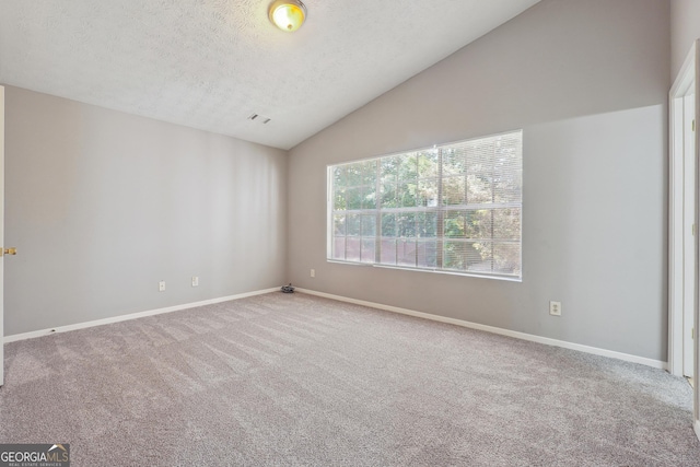 empty room with lofted ceiling, a textured ceiling, and carpet flooring