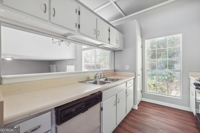 kitchen featuring white cabinets, dishwasher, sink, and dark hardwood / wood-style flooring