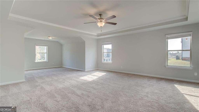 spare room with ceiling fan, a wealth of natural light, and a raised ceiling