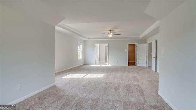 carpeted empty room with ceiling fan, a tray ceiling, and ornamental molding