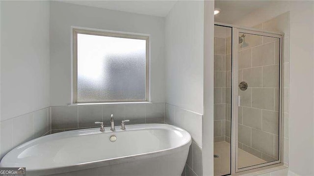 bathroom with separate shower and tub and plenty of natural light