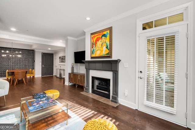 3047 Lenox Rd NE Unit 1108, Atlanta, GA 30324 - living room featuring dark hardwood / wood-style flooring, crown molding, and a chandelier