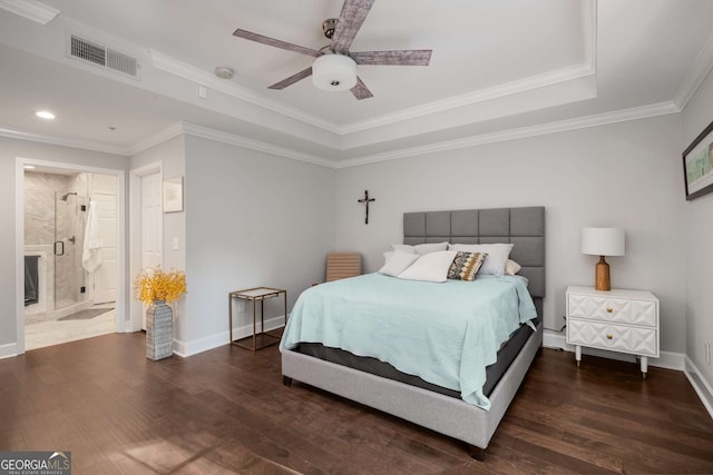 3047 Lenox Rd NE Unit 1108, Atlanta, GA 30324 - bedroom featuring dark hardwood / wood-style flooring, ornamental molding, ceiling fan, a raised ceiling, and ensuite bath