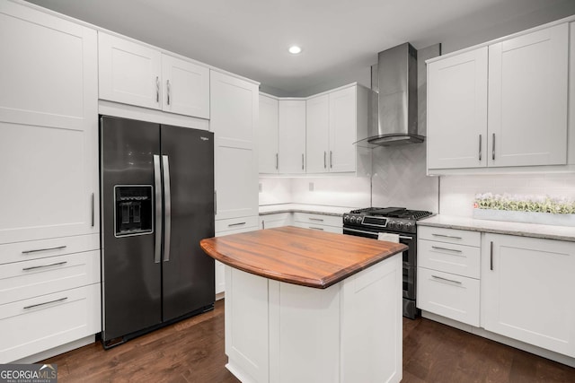 3047 Lenox Rd NE Unit 1108, Atlanta, GA 30324 - kitchen featuring dark hardwood / wood-style floors, white cabinetry, wall chimney range hood, stainless steel range with gas stovetop, and black refrigerator with ice dispenser
