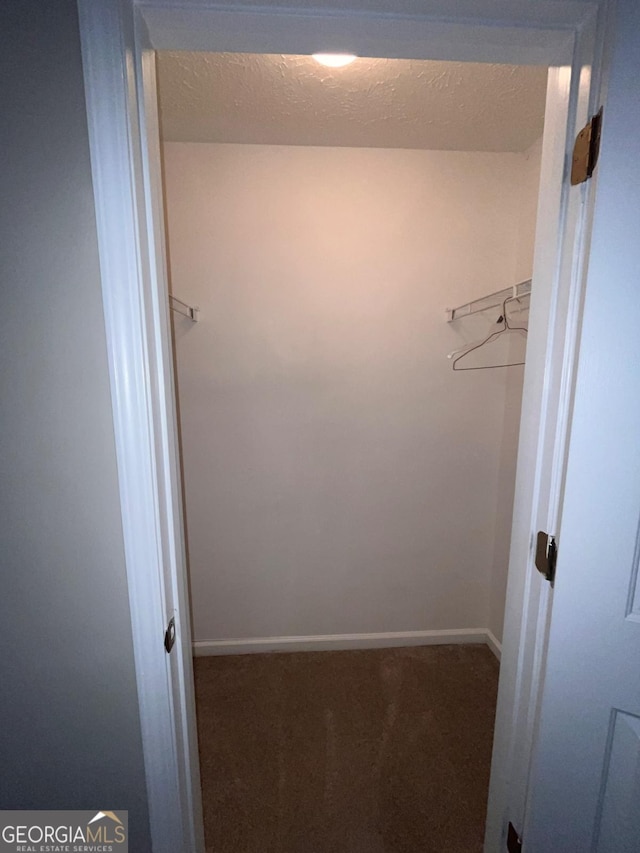 walk in closet featuring dark colored carpet