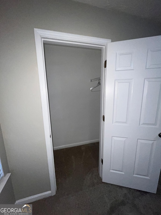 walk in closet with dark carpet