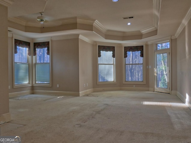 carpeted spare room with crown molding and a tray ceiling