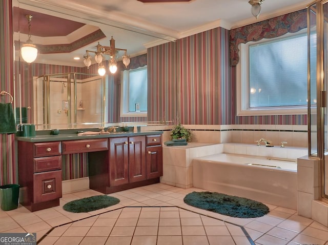 bathroom with tile patterned floors, vanity, ornamental molding, and plus walk in shower