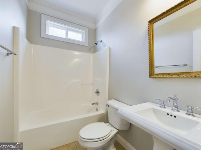 full bathroom with tile patterned flooring, washtub / shower combination, sink, toilet, and ornamental molding