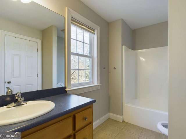 full bathroom with toilet, bathing tub / shower combination, tile patterned floors, and vanity