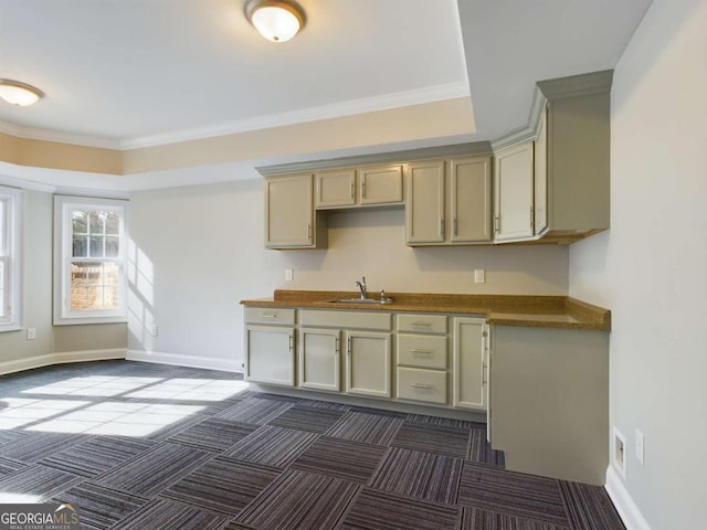 kitchen featuring crown molding, dark carpet, and sink