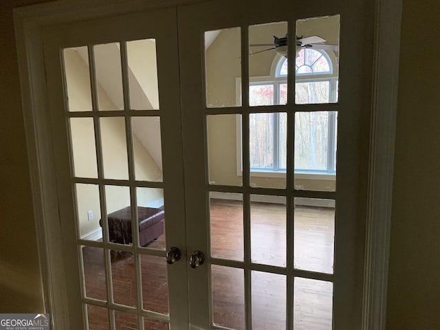 details with ceiling fan and french doors