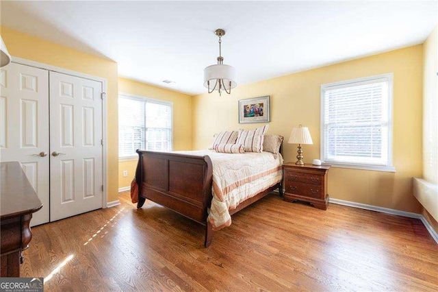 bedroom featuring hardwood / wood-style floors and a closet