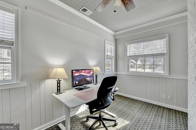 office space with crown molding, ceiling fan, and a wealth of natural light