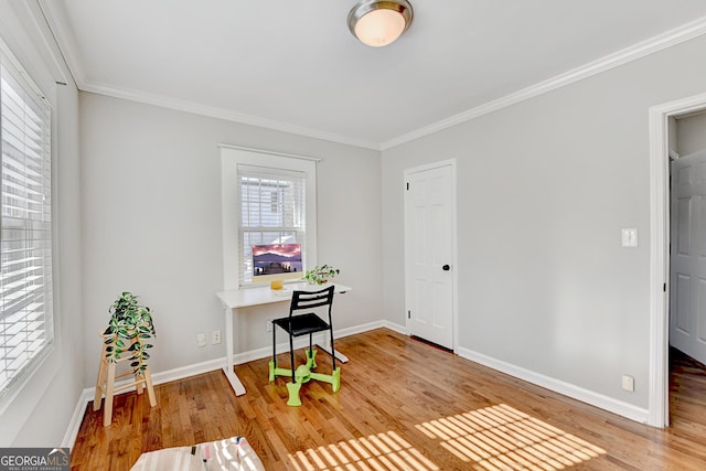 home office featuring wood-type flooring and crown molding