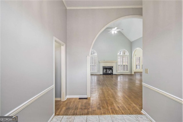 hallway featuring high vaulted ceiling