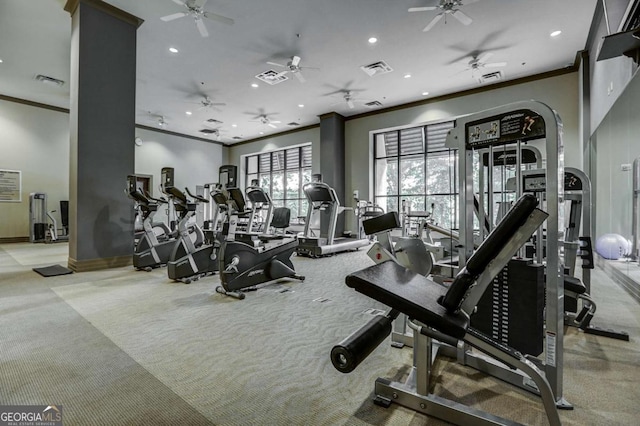 workout area featuring light colored carpet and ornamental molding