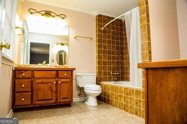 full bathroom with toilet, shower / tub combo with curtain, tile patterned flooring, ornamental molding, and vanity