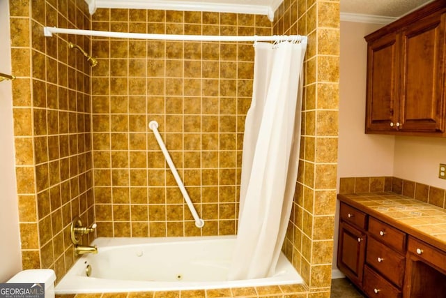 bathroom featuring vanity, shower / bath combo, and ornamental molding