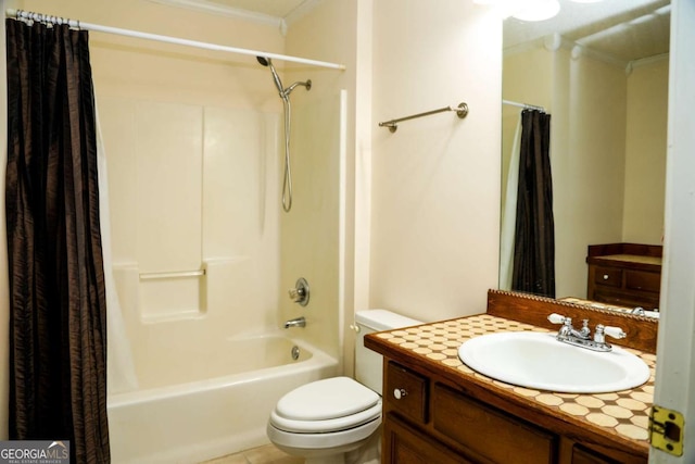 full bathroom with toilet, vanity, shower / tub combo with curtain, and crown molding