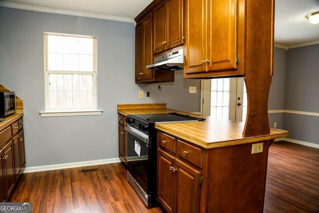 kitchen with french doors, dark hardwood / wood-style flooring, black range with electric cooktop, and ornamental molding