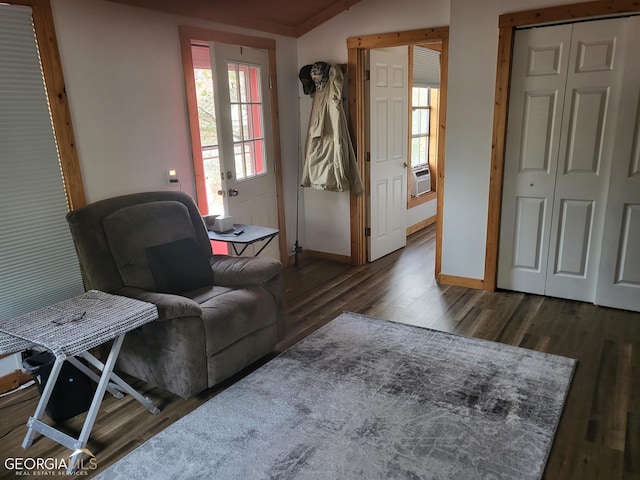 sitting room featuring vaulted ceiling and dark wood-type flooring