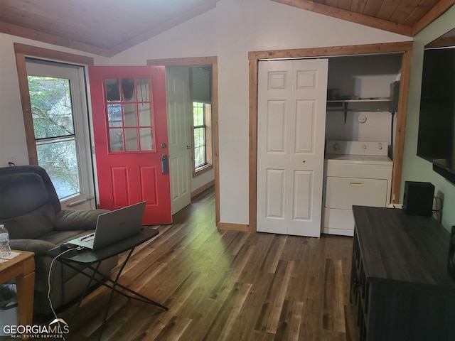 interior space featuring lofted ceiling, washer / clothes dryer, dark hardwood / wood-style flooring, and a healthy amount of sunlight