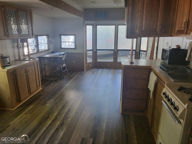 kitchen with kitchen peninsula, dark hardwood / wood-style floors, sink, and white range oven