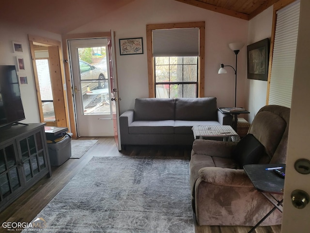 living room with vaulted ceiling, wood ceiling, and hardwood / wood-style floors