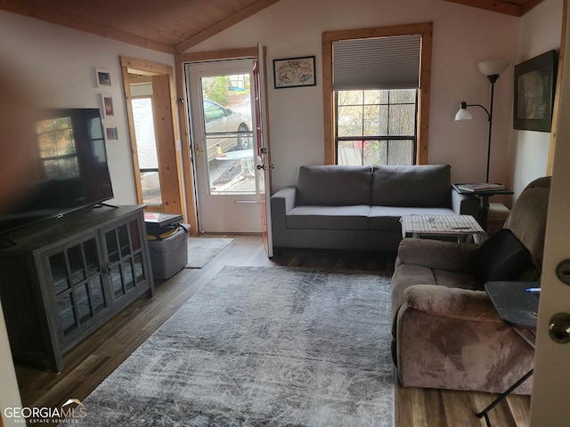 living room featuring hardwood / wood-style flooring and lofted ceiling