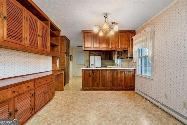 kitchen featuring pendant lighting, white fridge with ice dispenser, a baseboard heating unit, ornamental molding, and a notable chandelier