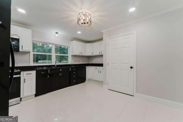 kitchen featuring black dishwasher, a notable chandelier, crown molding, and white cabinetry