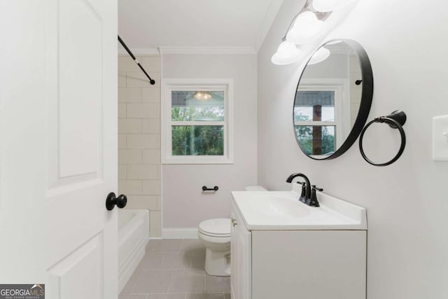 full bathroom with shower / bathing tub combination, tile patterned floors, vanity, toilet, and crown molding