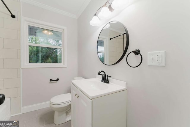 full bathroom featuring toilet, shower / tub combination, tile patterned flooring, ornamental molding, and vanity