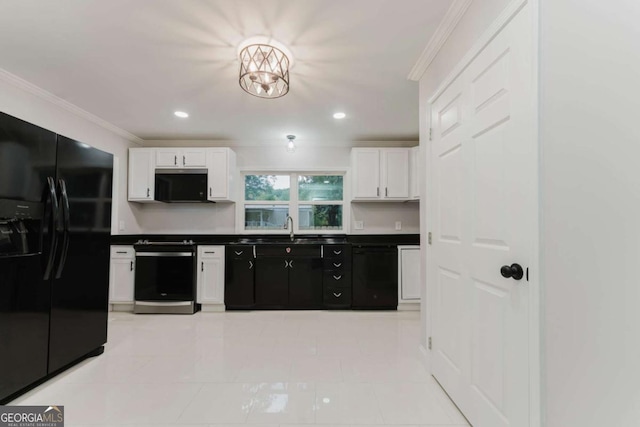 kitchen with black appliances, sink, white cabinetry, ornamental molding, and light tile patterned floors