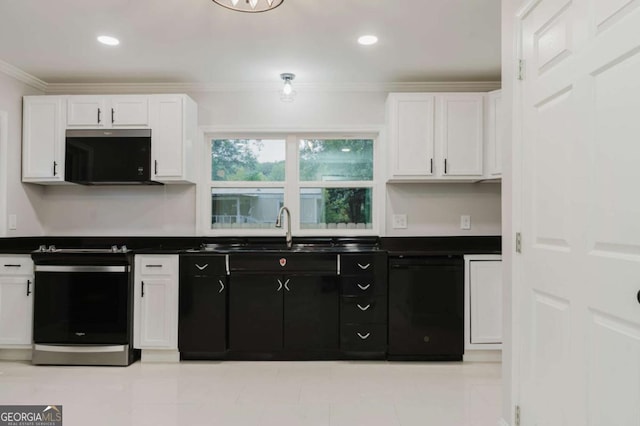 kitchen with sink, white cabinetry, black appliances, and crown molding