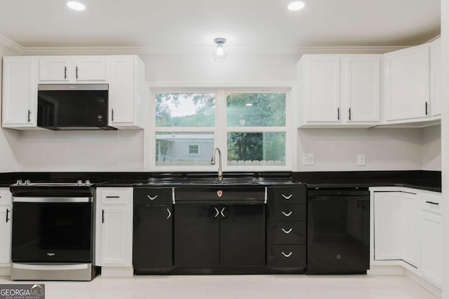 kitchen with sink, white cabinetry, black appliances, and ornamental molding