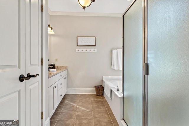 bathroom with vanity, crown molding, independent shower and bath, and tile patterned flooring