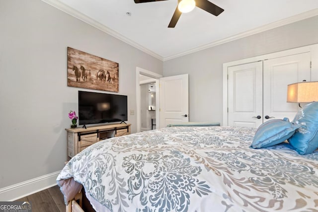 bedroom featuring ceiling fan, dark wood-type flooring, a closet, and ornamental molding